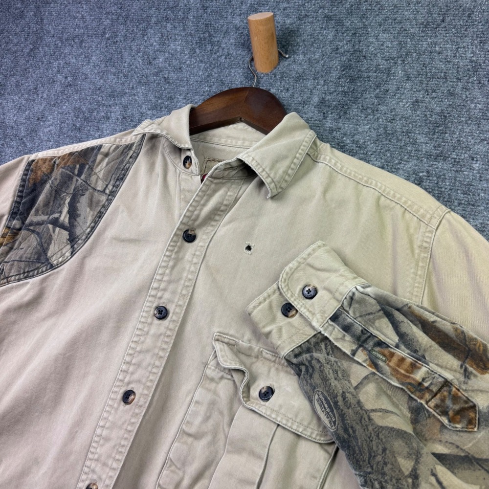 Wrangler Pro Gear Shirt Mens L Tan Camo Hunting Shooting Button Up 0365